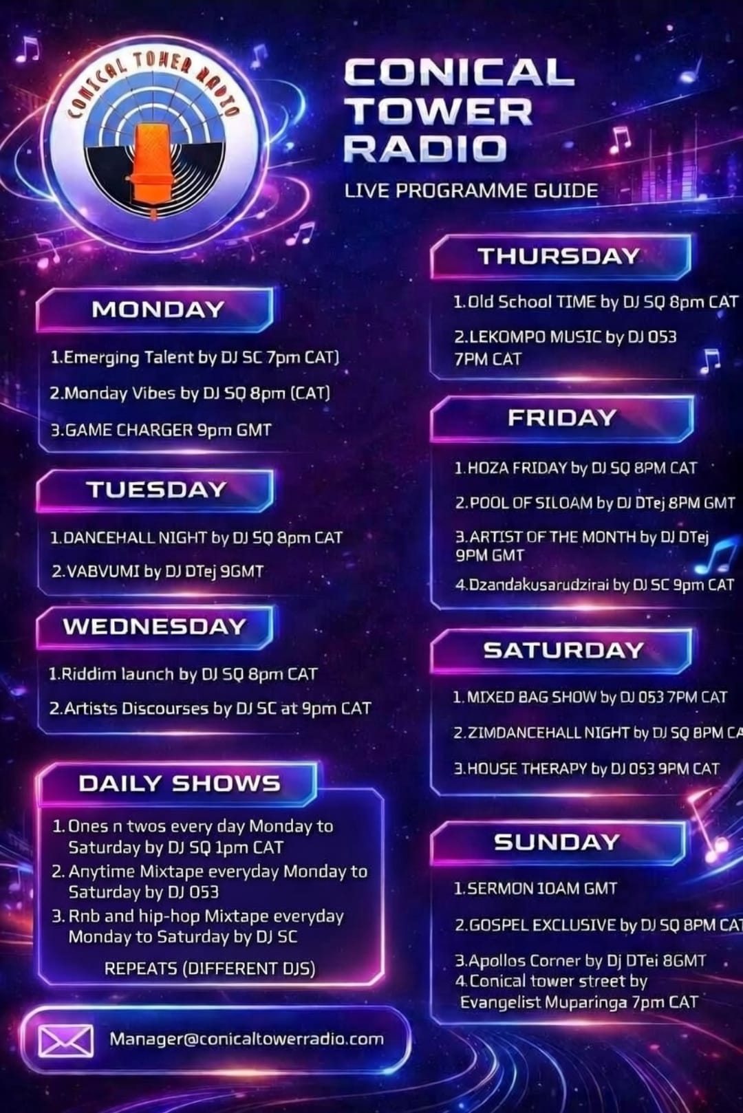 Conical Tower Radio Weekly Programme Guide